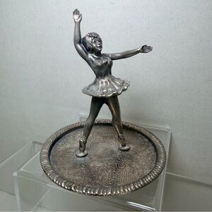 VTG Ballerina Ring Holder Zinc Alloy Silver 3.5" Trinket Dish Ballet Metal Dance
